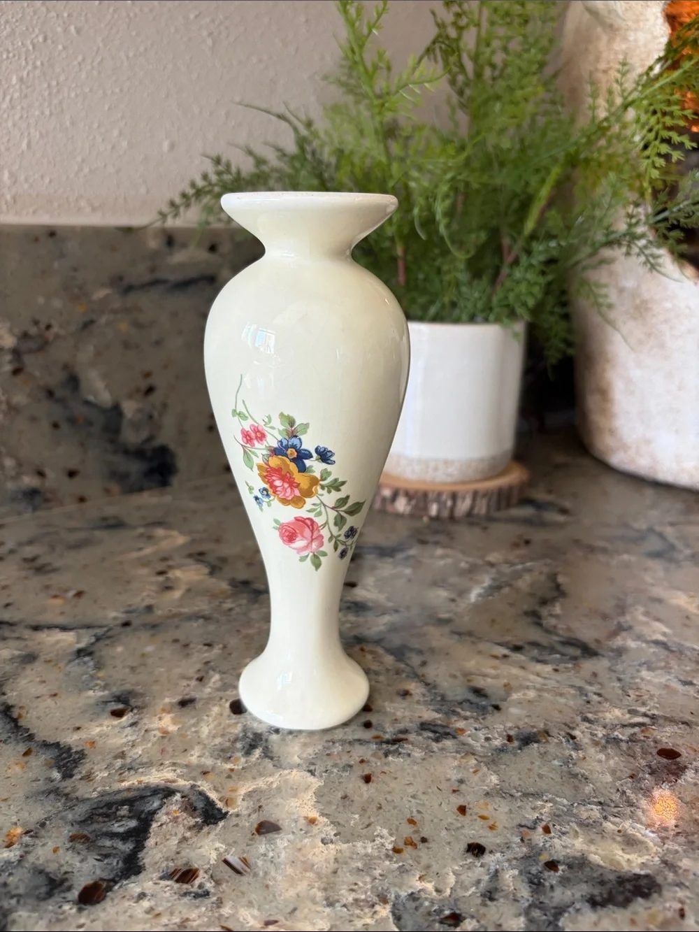 Vintage Mid Century Cream Floral Glazed Ceramic Slender Neck Bud Vase, 6.5” high